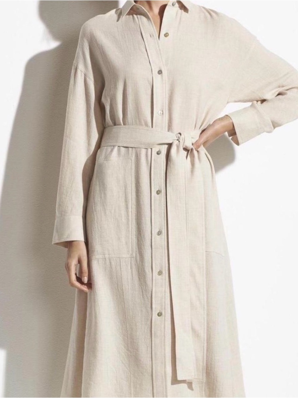 Vince Dove Oat Italian Fabric Belted Shirt Dress XS Neutral Midi Cotton Blend - Picture 3 of 12